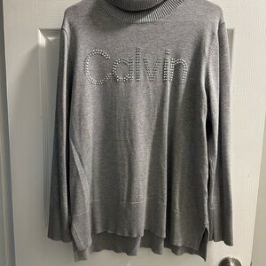 Calvin Klein Gray Turtleneck Sweater with Rhinestone Logo